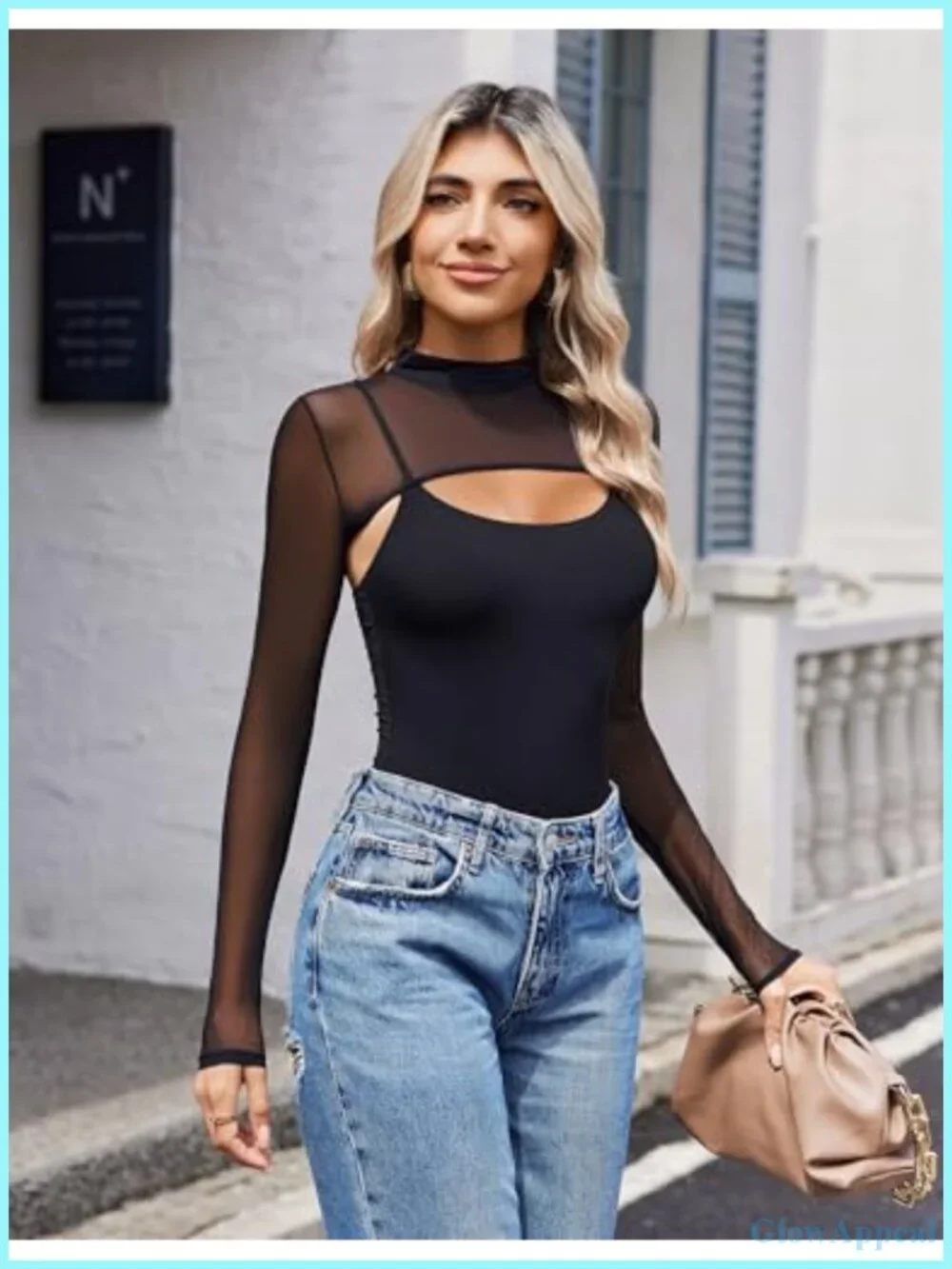 Long Sleeve Mesh Bodysuit Mock Neck Two-Piece Thong Shapewear